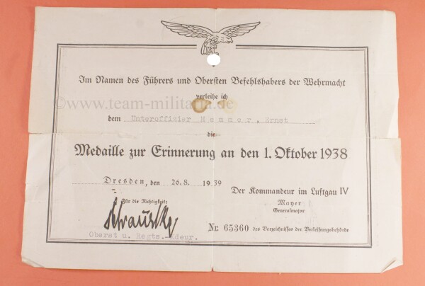 Verleihungsurkunde zur Medaille 1.Oktober 1938 Sudentenland -Luftwaffenversion Uffz Hammer