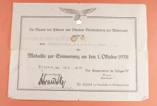 Verleihungsurkunde zur Medaille 1.Oktober 1938...