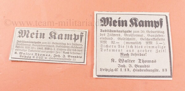 2 x Zeitungsausschnitt Mein Kampf Jubiläumsausgabe zum 50.Geburtstag des Führer - Werbung