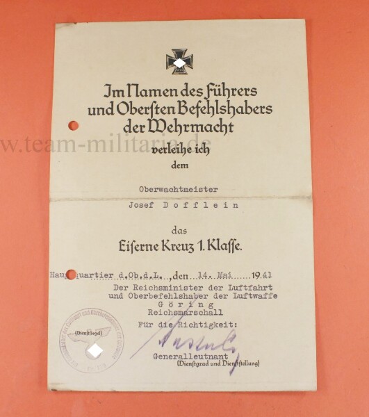 Verleihungsurkunde zum Eisernen Kreuz 1.Klasse 1939 Oberwachtmeister mit OU Generalleutnant