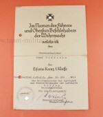 Verleihungsurkunde zum Eisernen Kreuz 1.Klasse 1939...