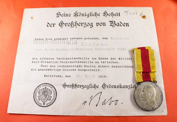 Verdienstmedaille Baden mit Urkunde Ernst Trefzer Garde-Landsturm-Bat.