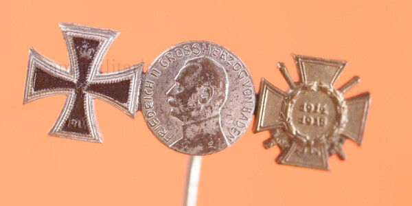 3-fach Miniatur zum EK 1914, Verdienstmedaille Friedrich II. 1908 Baden und FKEK