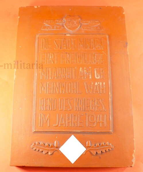 Wandrelief Ehrengabe der Stadt Minden 1941 für freiwillige Mitarbeit im Kriege - SELTEN